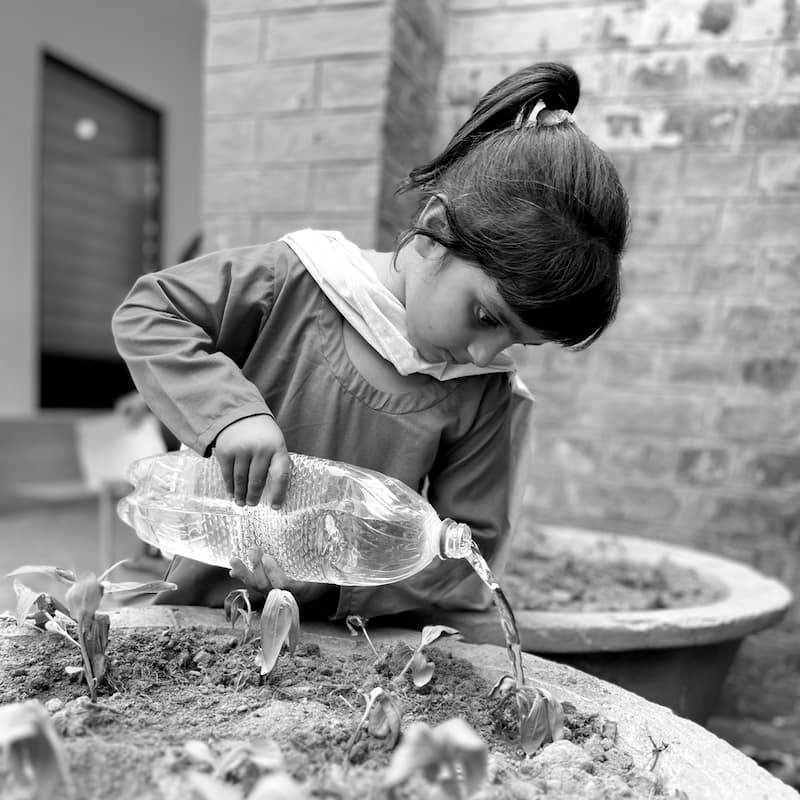 A student watering a plant